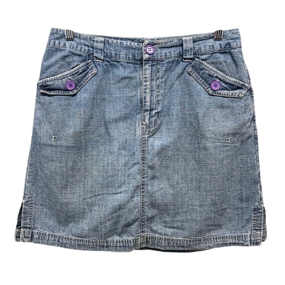 French Cuff Dresses & Skirts - French Cuff Denim Mini Skirt Blue Cotton Purple Button Utility Pockets Size 8